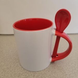 RED & WHITE CERAMIC MUG & spoon set, 11oz, white, coffee mug, New in box